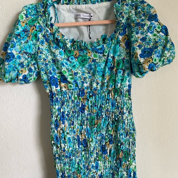 Zara Floral Print Smocked Bodice Ruffle Hem Square Neck Puff Sleeve Mini Dress S - Picture 5 of 14